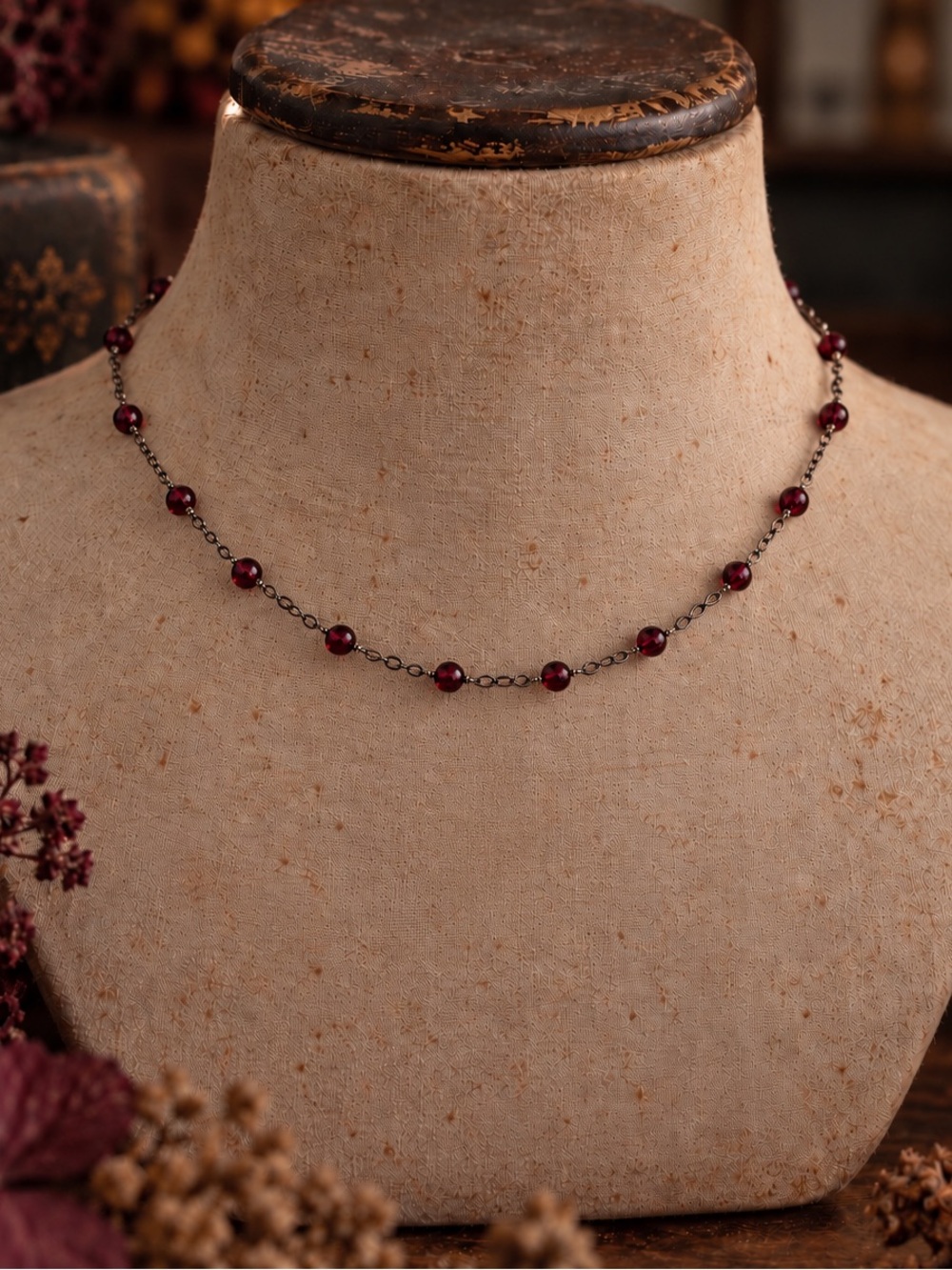 Garnet gemstone and oxidized sterling silver choker stacking necklace